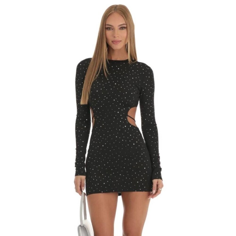 Lucy in the Sky Pallas Shimmer Cutout Open Back Dress in Black